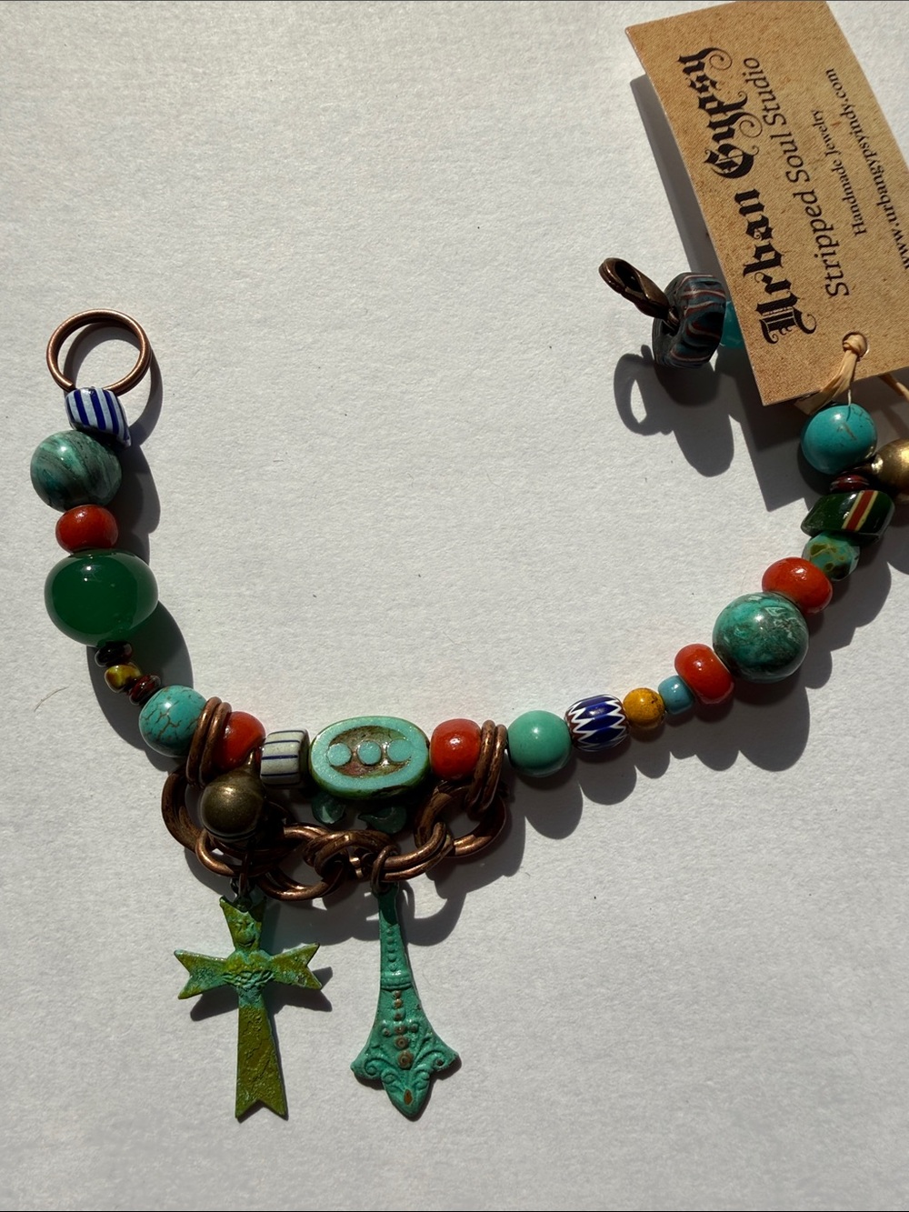 Bohemian Turquoise & Coral Beaded Necklace with Patina Cross Charms